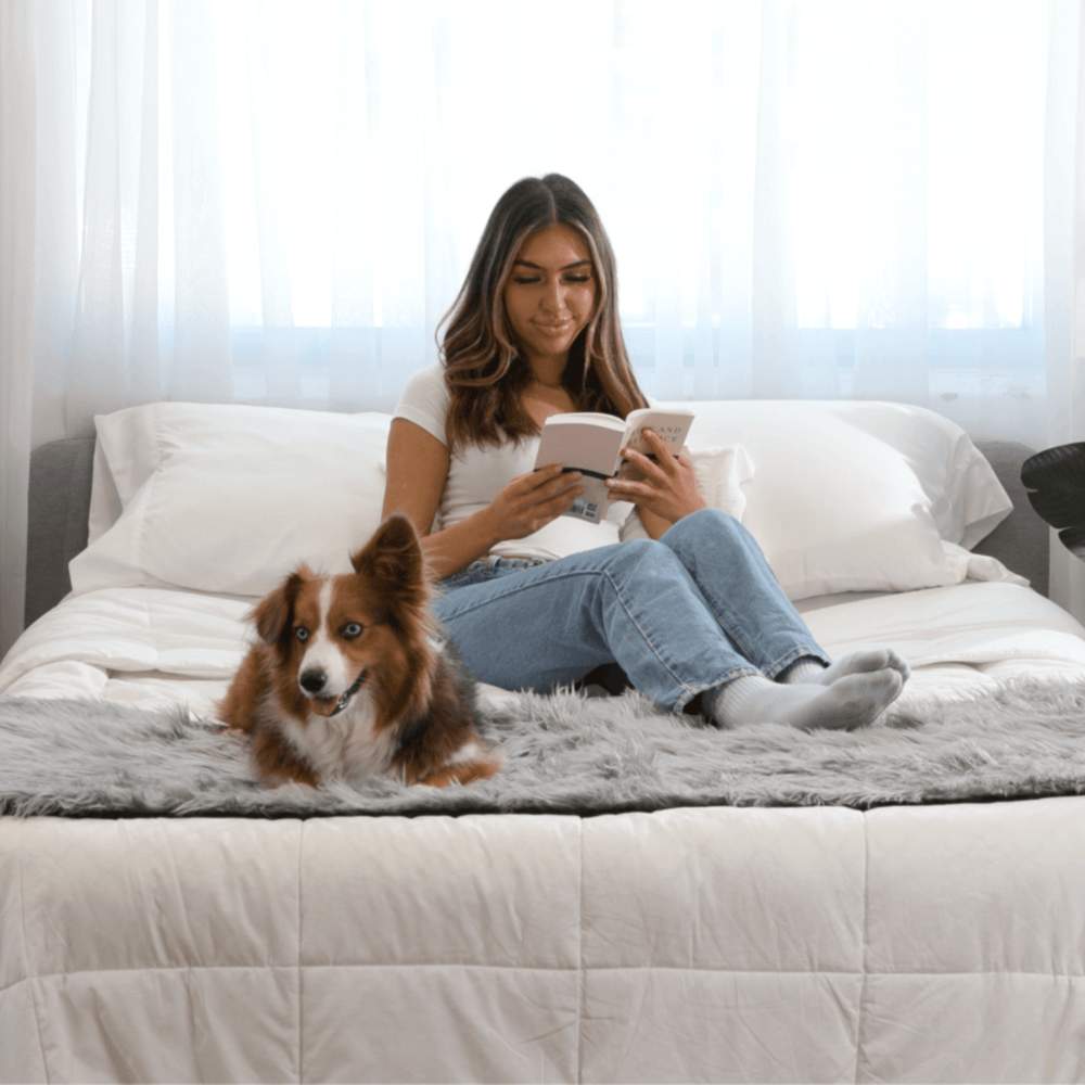 A woman is sitting on a bed reading a book, with a dog next to her on the Paw PupProtector™ Waterproof Bed Runner - Charcoal Grey Doggy Blanket