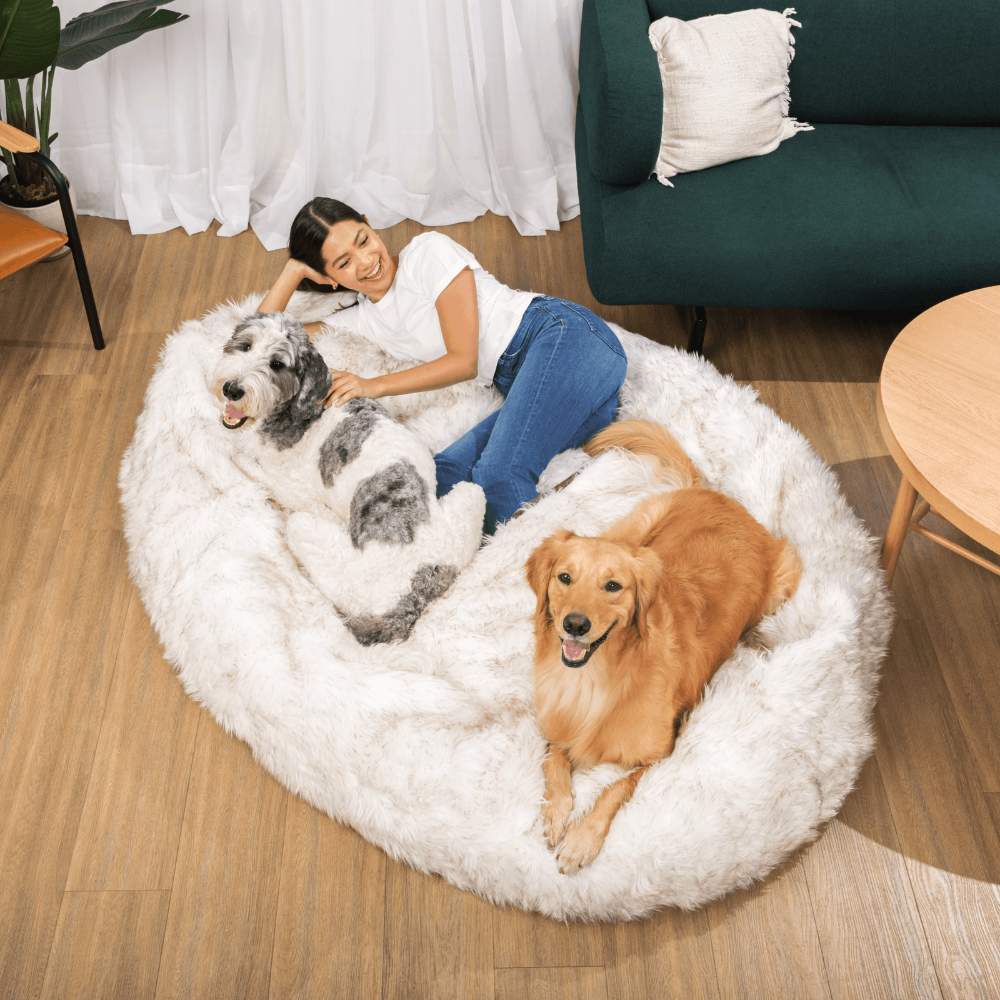 A woman lounges comfortably on a White with Brown Accents Paw PupCloud™ Human-Size Faux Fur Memory Foam Dog Bed with two happy dogs by her side