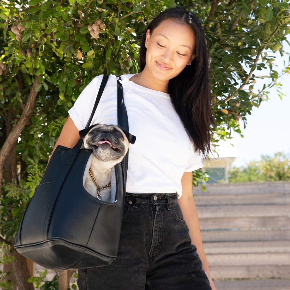 A woman outdoors carrying a pug in the Paw PupTote™ 3-in-1 Faux Leather Dog Carrier Bag - Black