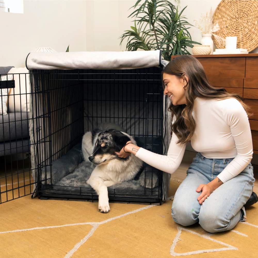 A woman pets a large dog lying in a black wire crate with a cozy grey interior from the Paw Upgrade Your Dog Crate Kit - Charcoal Grey