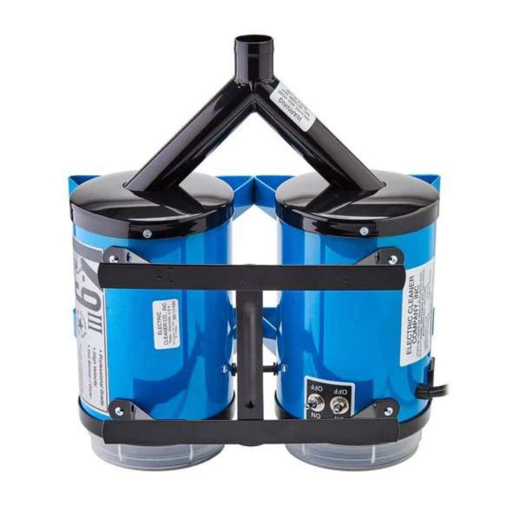 Back view of Blue K-9 III Dog Dryer shows its twin canister design, overhead air outlet, and mounted carrying frame