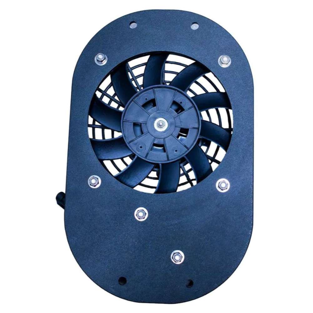 Back side of the Dakota 283 Dog Crate Ventilation Fan, highlighting the sturdy fan blades and mounting bolts