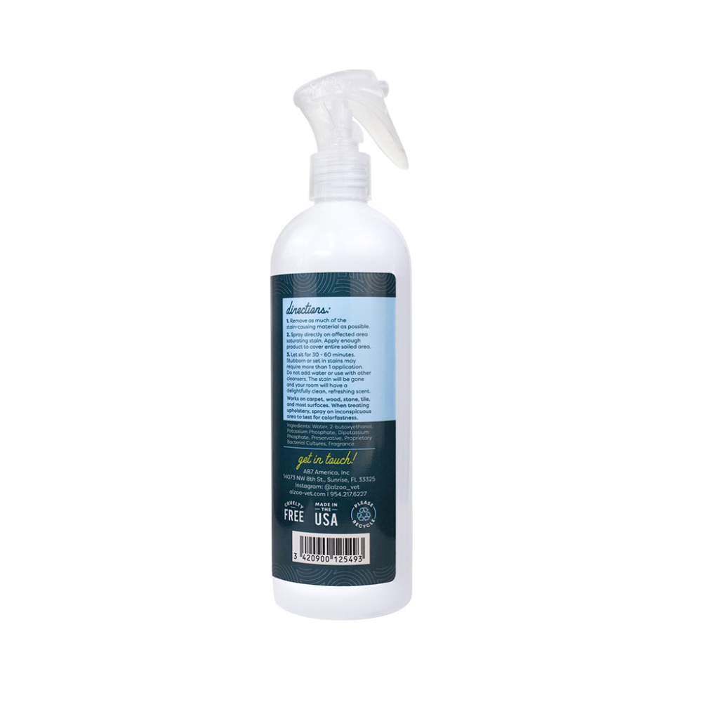 Back view of the ALZOO Enzyme-Based Stain & Odor Remover Spray 16oz - Apple Blossom, displaying the product's usage directions