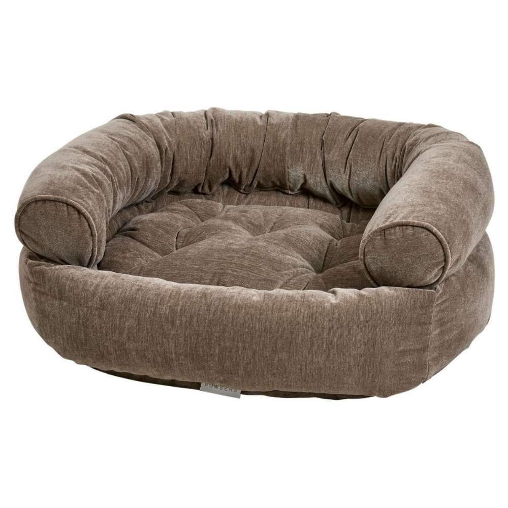 Bark Bowsers Double Donut Bed in soft brown velvet with a deep cushioned center and supportive wraparound bolsters