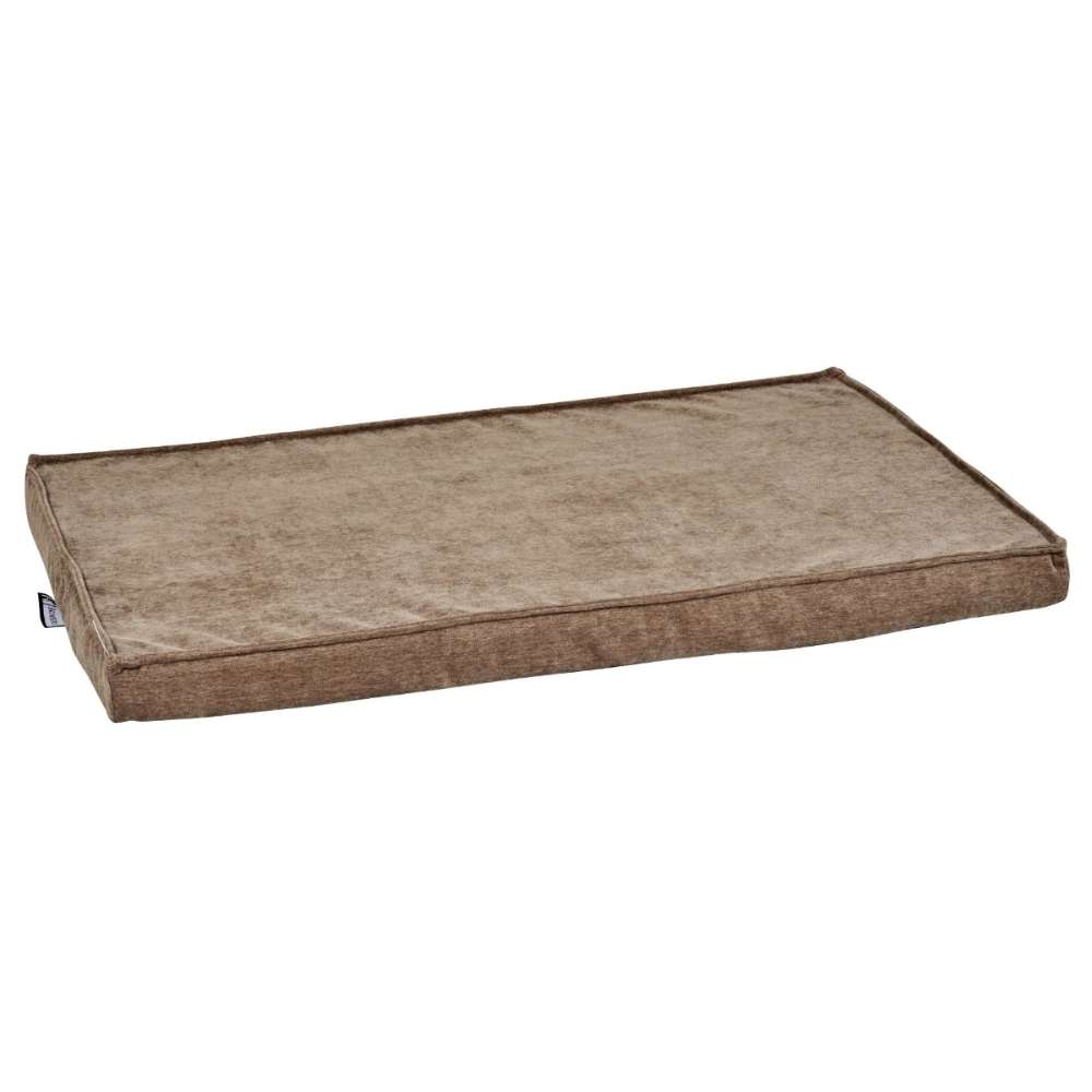 Bark Bowsers Moderno & Fresco Dog Crate Mat in warm brown has a soft plush surface and slim padding for cozy pet crate use