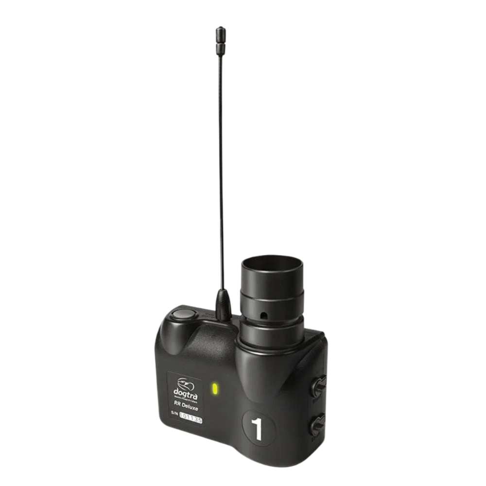 Black Dogtra RR Deluxe Extra Receiver with a tall antenna, side buttons, a green indicator light, and a round top attachment is shown on a plain white background