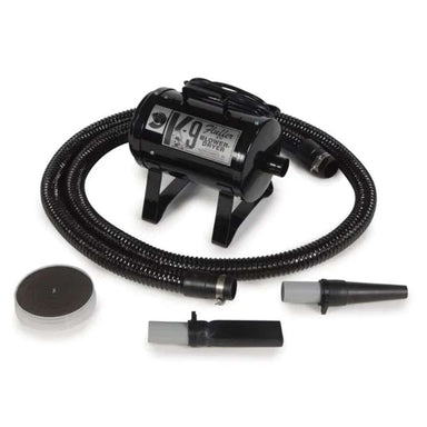 Black K-9 Fluffer Dryer with a flexible hose and grooming attachments is displayed on a white background
