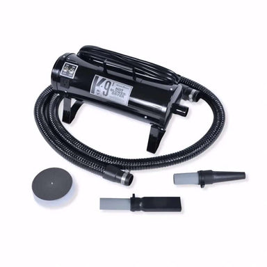 Black K-9 I Dog Dryer with a flexible hose and two nozzle attachments is displayed on a plain white background