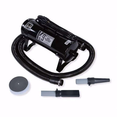 Black K-9 II Dog Dryer comes with a flexible hose, pet grooming nozzles, and attachments for drying and grooming pets