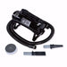 Black K-9 II Dog Dryer comes with a flexible hose, pet grooming nozzles, and attachments for drying and grooming pets