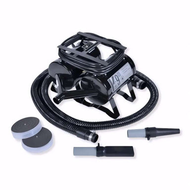 Black K-9 III Dog Dryer comes with flexible hoses, interchangeable nozzles, and round filters designed for powerful pet drying and cleaning