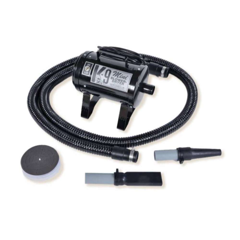Black K-9 Mini Dog Dryer is a compact pet grooming dryer with a flexible hose, two nozzle attachments, and a round filter cover for quick drying
