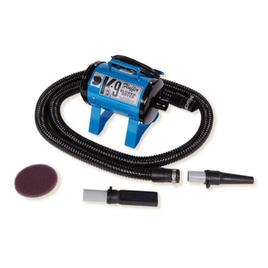 Blue K-9 Fluffer Dryer with a long black hose and two nozzle attachments is shown for pet grooming use