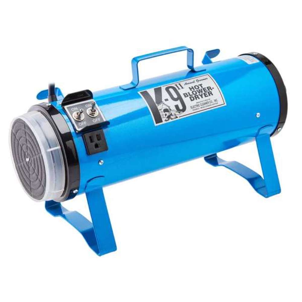 Blue K-9 II Dog Dryer is a portable pet grooming dryer with a bright metal finish, front air filter, and carry handle