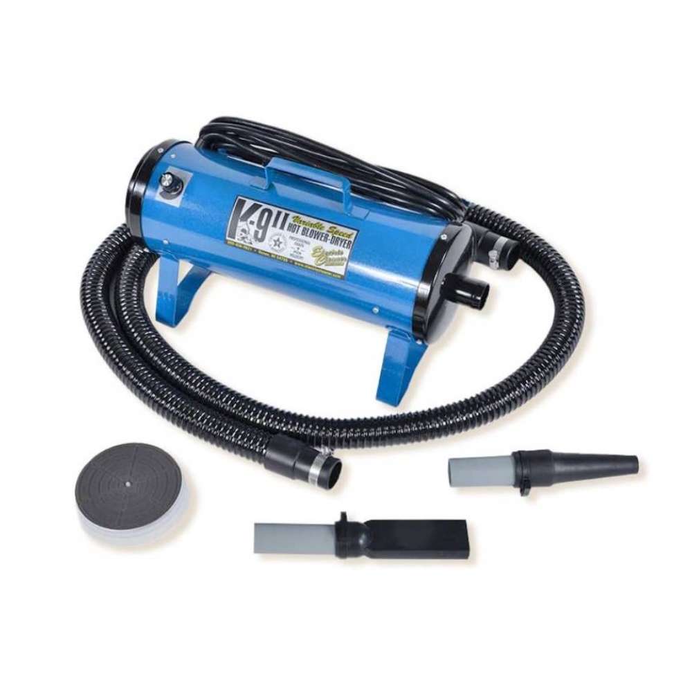 Blue K-9 II Variable Speed Dog Dryer comes with a flexible black hose, multiple grooming nozzles, and a compact portable design for drying dogs efficiently
