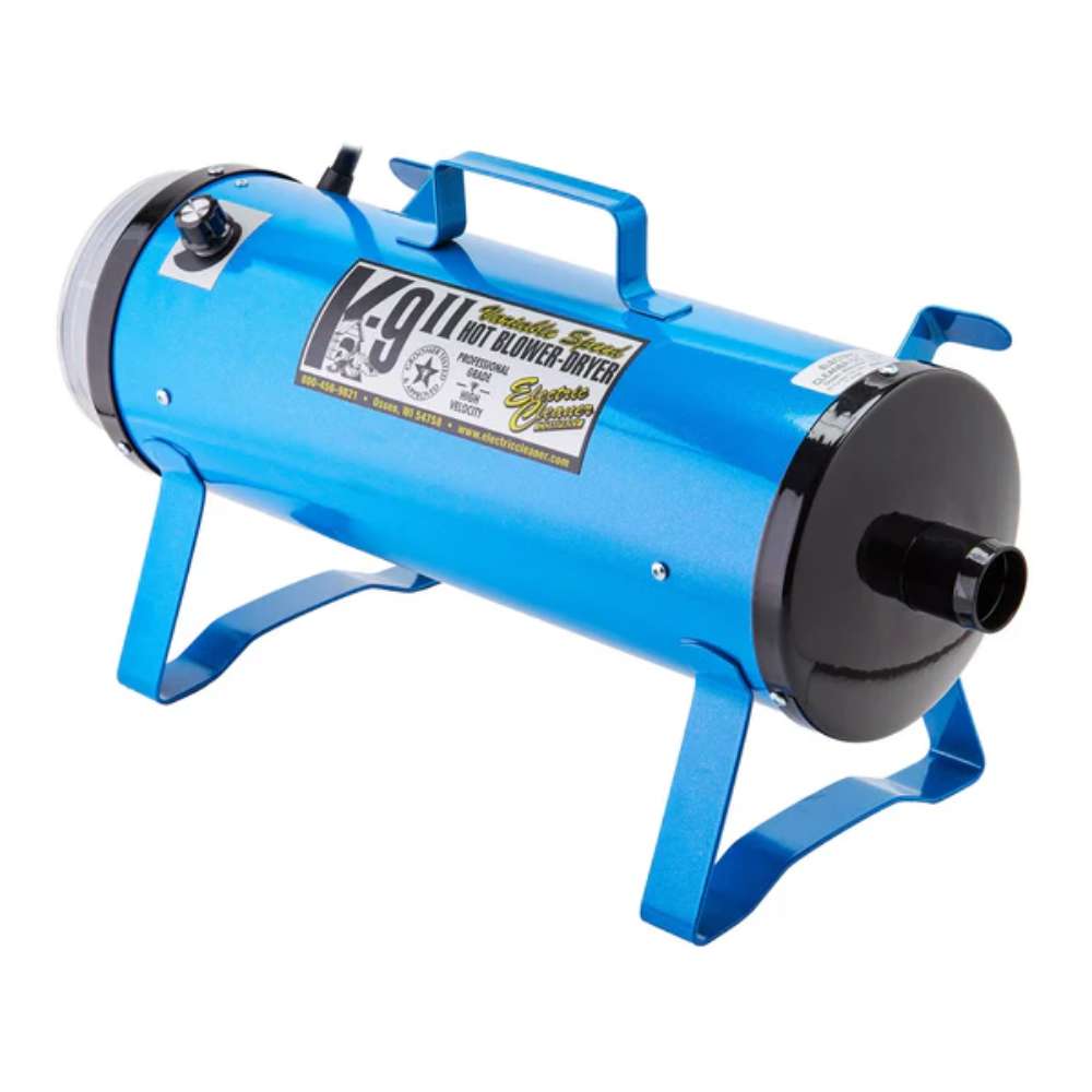 Blue K-9 II Variable Speed Dog Dryer is a cylindrical pet grooming dryer with sturdy metal legs, a top handle, and a front air nozzle for powerful airflow