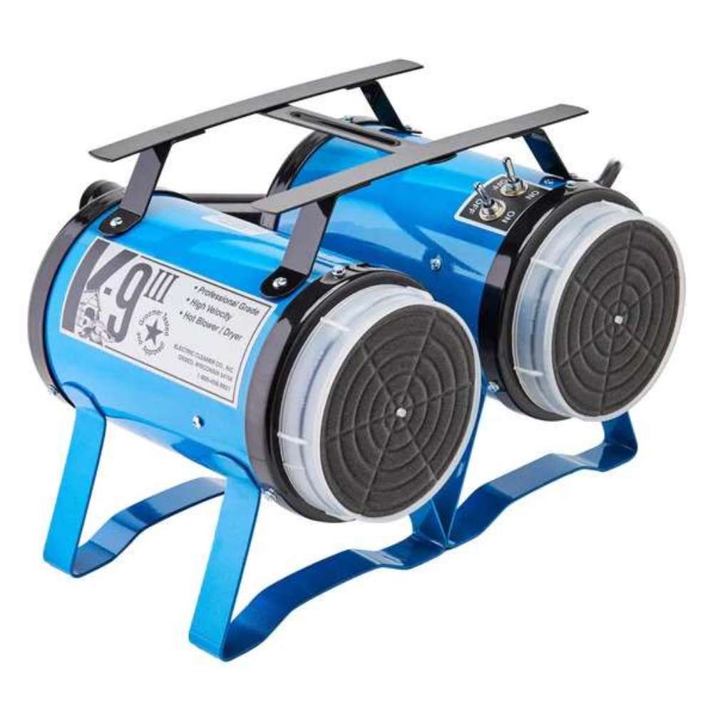 Blue K-9 III Dog Dryer has dual front filters, a glossy blue finish, and heavy-duty handles for convenient transport and drying