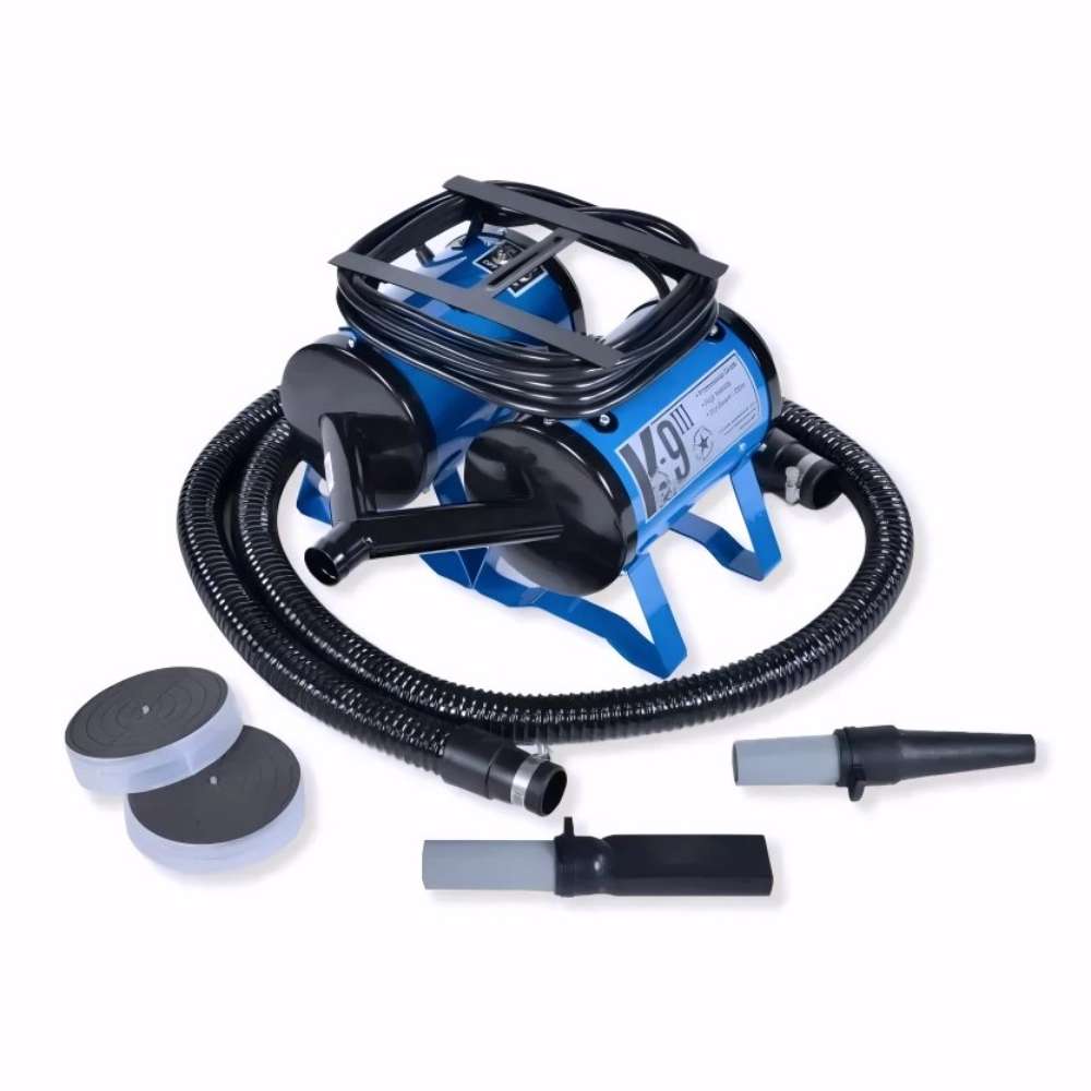 Blue K-9 III Dog Dryer includes hoses, multiple nozzle attachments, and removable filters for versatile pet grooming tasks