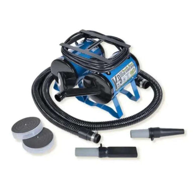 Blue K-9 III Variable Speed Dog Dryer with a flexible hose, grooming nozzles, and filter pieces is displayed on a white background for pet grooming and drying
