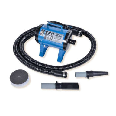 Blue K-9 Mini Dog Dryer is a portable pet dryer with a bright blue metal body, long coiled hose, and multiple grooming attachments