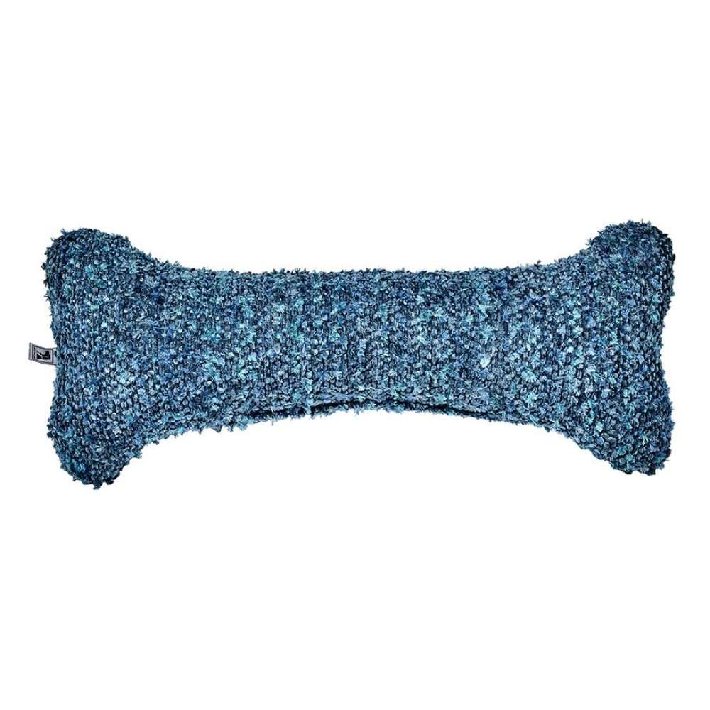 Blue Lagoon Bowsers Bumper Bone Pillow blue plush bone dog toy with a shaggy textured fabric on a plain background
