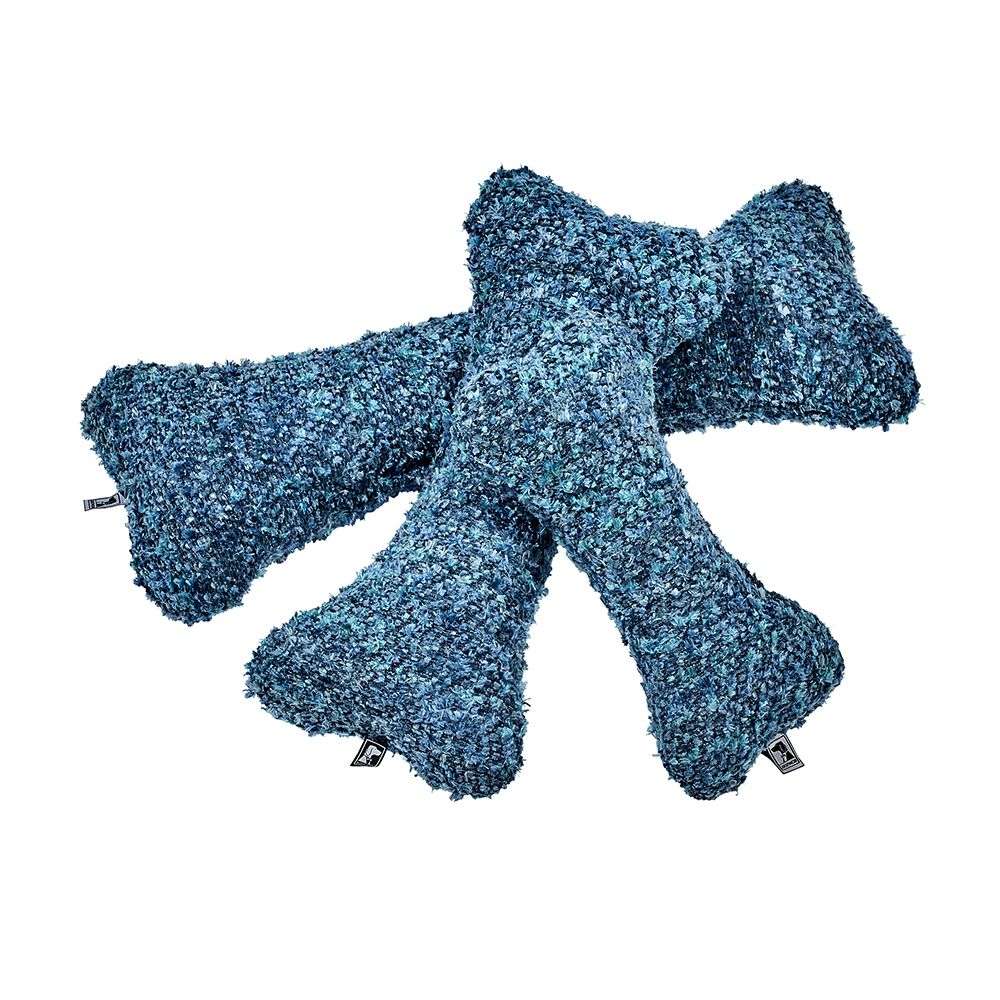 Blue Lagoon Bowsers Bumper Bone Pillow blue shaggy plush dog toy set displayed in multiple soft bone-shaped sizes