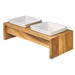 Bowsers Bamboo Artisan Wood Feeder double feeder features two square white bowls on a modern raised bamboo stand