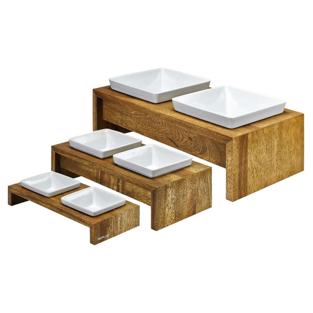 Bowsers Bamboo Artisan Wood Feeder double feeder is shown in multiple size options with matching white bowls and natural bamboo stands