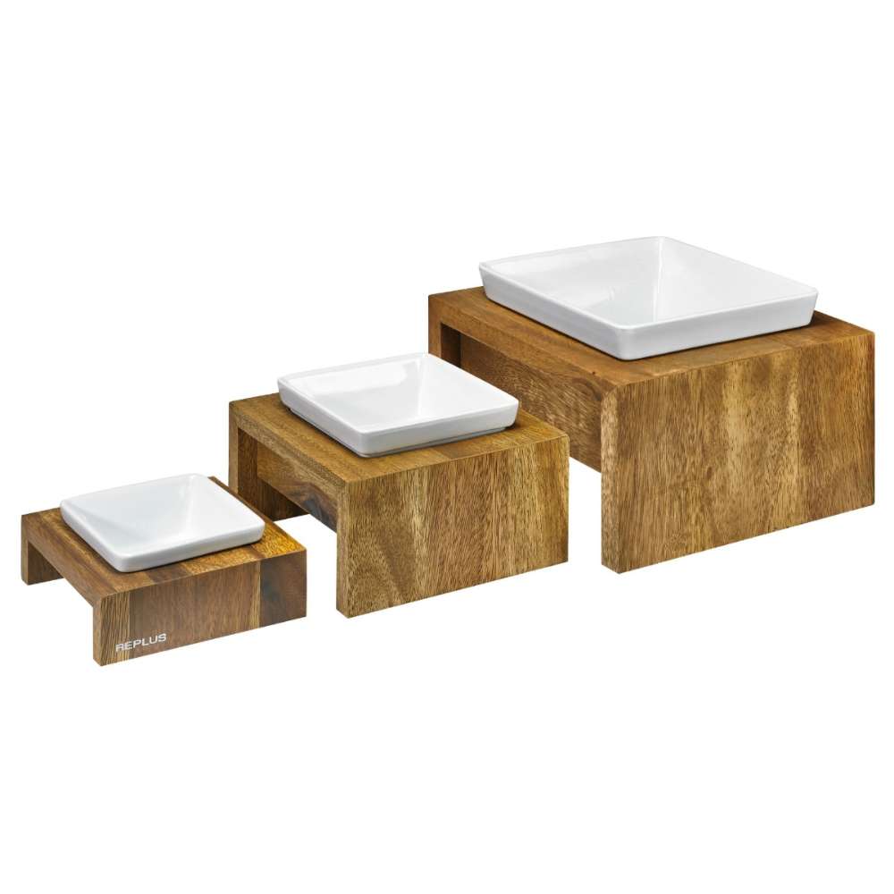 Bowsers Bamboo Artisan Wood Feeder single feeder is displayed in three raised sizes with white ceramic bowls for pets of different sizes