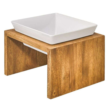 Bowsers Bamboo Artisan Wood Feeder single feeder showcases one white ceramic bowl on a sturdy bamboo platform for small pets