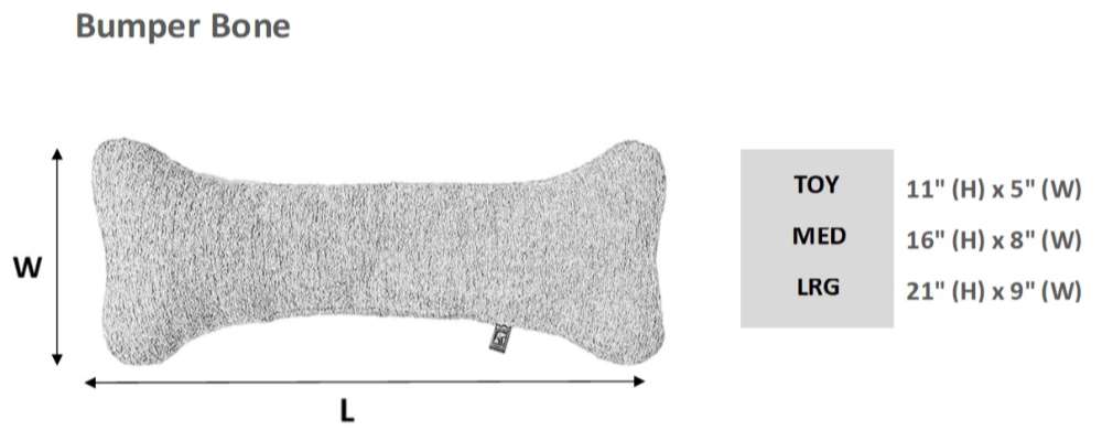Bowsers Bumper Bone Pillow size guide showing toy, medium, and large bone pillow dimensions with length and width measurements