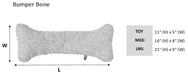 Bowsers Bumper Bone Pillow size guide showing toy, medium, and large bone pillow dimensions with length and width measurements
