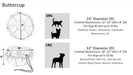 Bowsers Buttercup Dog Bed size chart shows dimensions and recommended pet sizes for small and large round cushioned pet beds