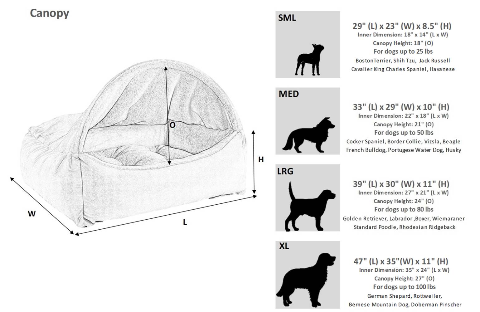 Bowsers Canopy Dog Bed Size Chart