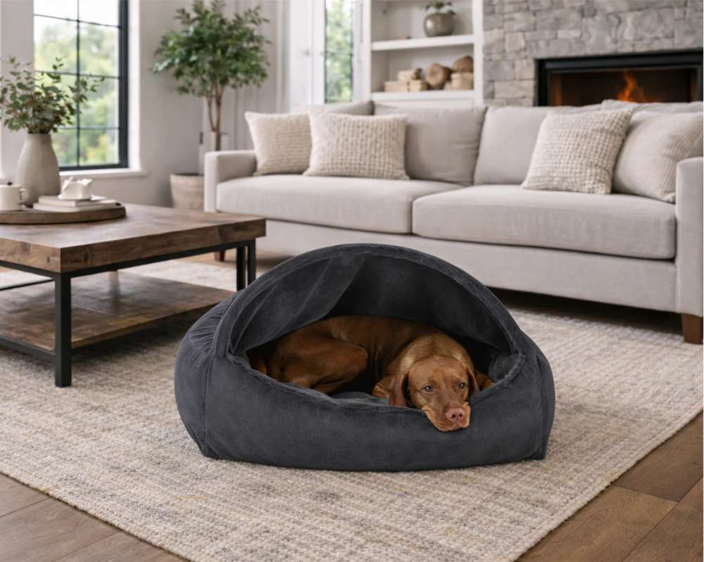 Bowsers Canopy Dog Bed is a dark gray covered bed placed on a living room rug, with a brown dog lying inside under the canopy