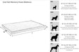 Bowsers Cool Gel Memory Foam Mattress size guide shows five mattress sizes with dimensions and recommended dog breeds for each size