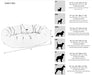 Bowsers Donut Dog Bed - Couture Collection size chart shows the donut bed’s length, width, height, inner dimensions, and recommended dog sizes from XS to XXL