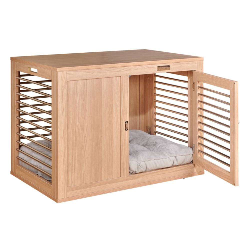 Bowsers Dream Futon Dog Bed sits inside a stylish wooden dog crate cabinet with soft cushions visible through the open door