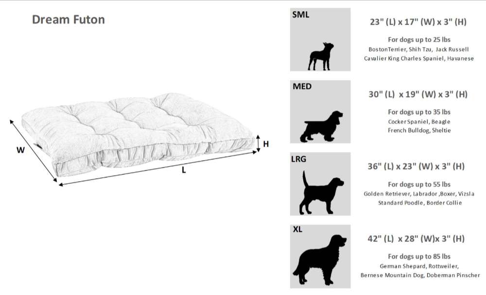 Bowsers Dream Futon Dog Bed size guide shows dimensions and recommended dog breeds for small, medium, large, and extra-large pet beds