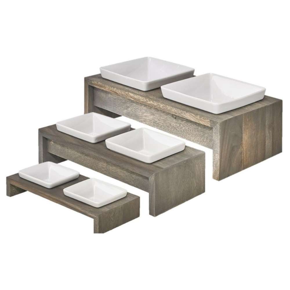 Bowsers Fossil Artisan Wood Feeder Double collection displays three sizes with elevated wooden stands and matching ceramic bowls