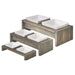 Bowsers Fossil Artisan Wood Feeder Double collection displays three sizes with elevated wooden stands and matching ceramic bowls