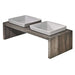 Bowsers Fossil Artisan Wood Feeder Double features two white square ceramic bowls on a rustic fossil-colored wooden stand