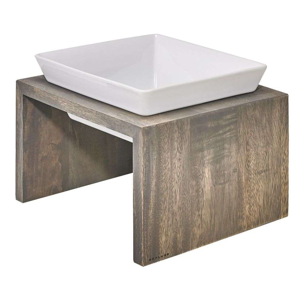 Bowsers Fossil Artisan Wood Feeder Single displays a white ceramic bowl resting on a compact fossil-finish wooden stand