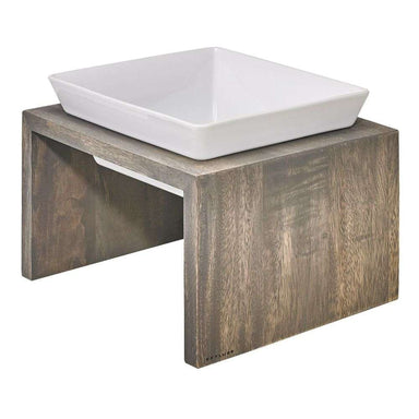 Bowsers Fossil Artisan Wood Feeder Single displays a white ceramic bowl resting on a compact fossil-finish wooden stand