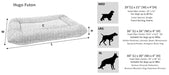 Bowsers Hugo Futon Dog Bed size chart shows the bed’s length, width, height, and recommended dog sizes for medium, large, and extra-large options