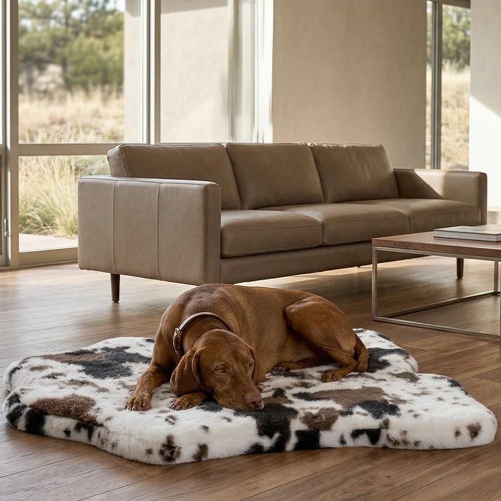 Bowsers Maverick Rugbed shows a brown dog lying comfortably on a cow-patterned mat in a bright living room with wooden floors and a sofa