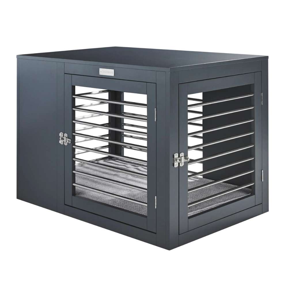 Bowsers Moderno Dog Crate is shown on a plain white background, highlighting its dark frame, double-door design, metal bars, and soft cushion inside
