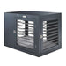 Bowsers Moderno Dog Crate is shown on a plain white background, highlighting its dark frame, double-door design, metal bars, and soft cushion inside