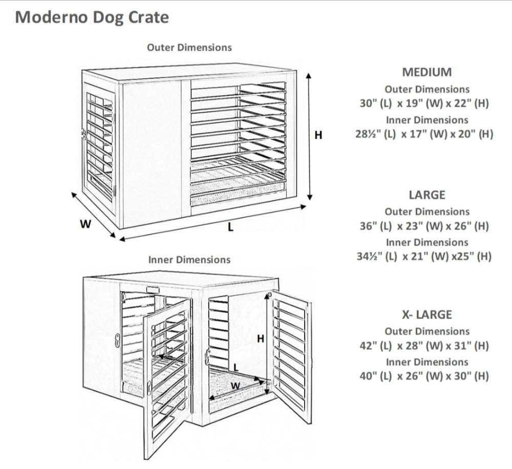 Bowsers Moderno Dog Crate size guide with drawings of the crate and measurements for medium, large, and extra-large sizes