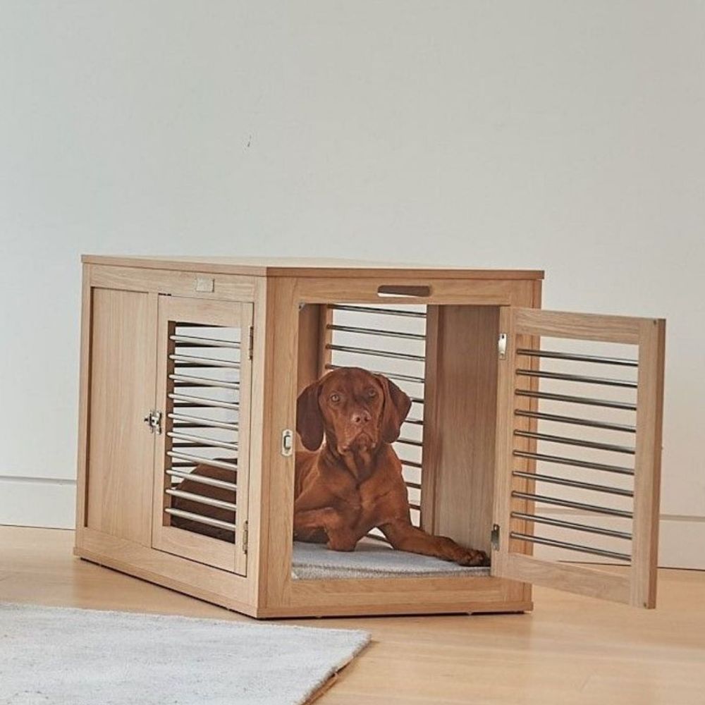 Bowsers Moderno Double Door Wood Dog Crate White Oak With A Dog